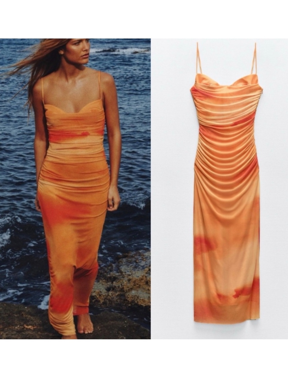 ZARA Orange Tie-Dye Slip Dress with Cowl Neck